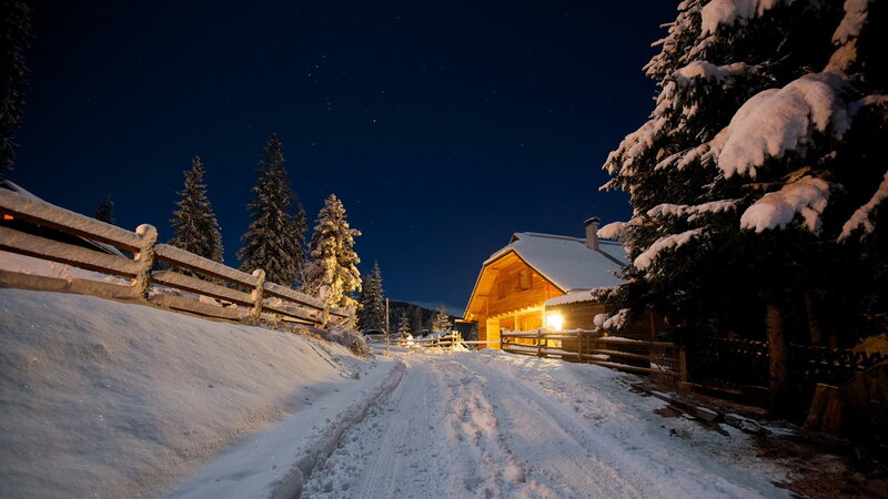 Snow-covered Cabin at Night — White, Serene, Photograph, Trees, Fence