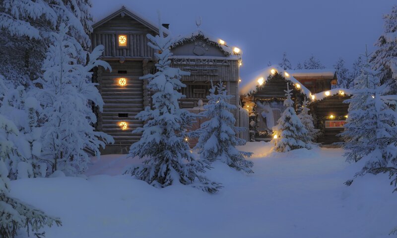 Snow-covered Cabin at Night — White, Serene, Photograph, Trees, Lights, Snow