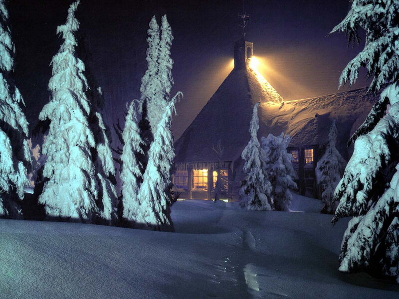 Snow-covered Cabin at Night — White, Serene