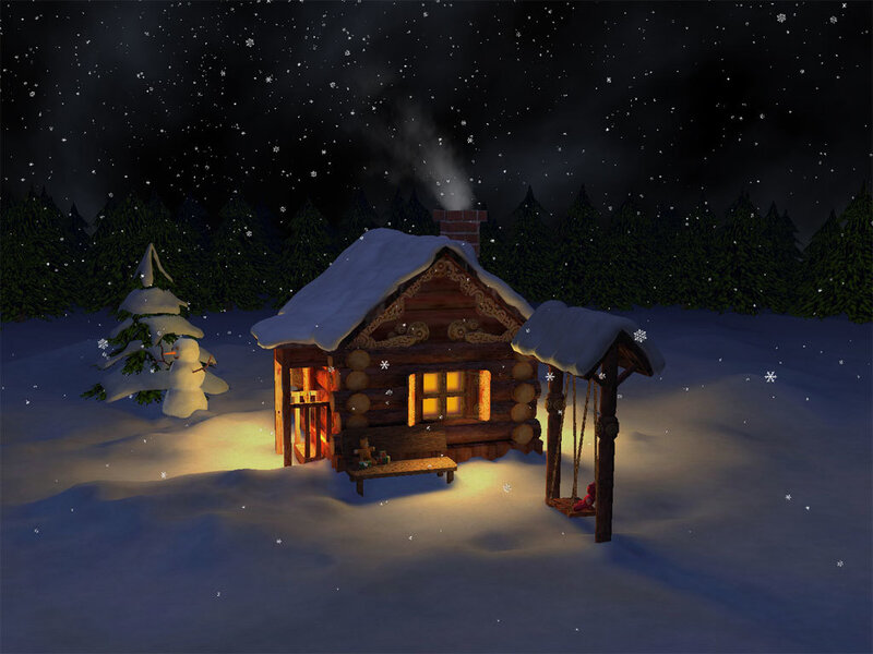 Snow-covered Cabin at Night — White