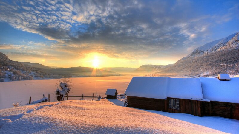 Snow-covered Cabin at Sunrise — Blue, Serene, Winter