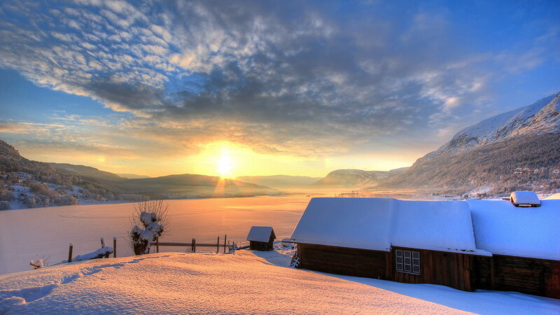 Snow-covered Cabin at Sunrise — Blue