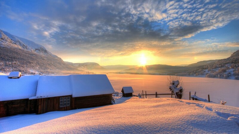 Snow-covered Cabin at Sunset — Blue