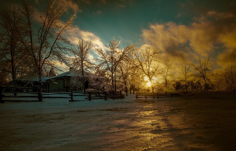 Snow-covered Cabin at Sunset — Gold