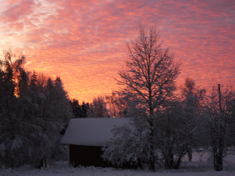 Snow-covered Cabin at Sunset — Orange, Dramatic