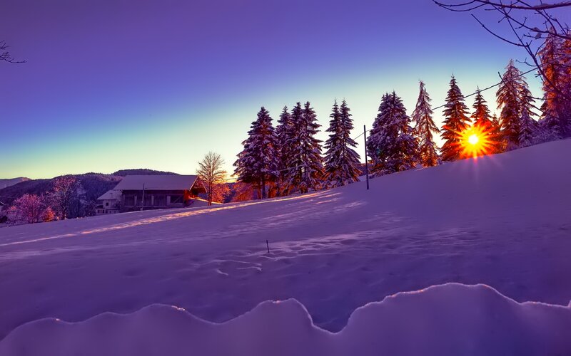 Snow-covered Cabin at Sunset — Purple