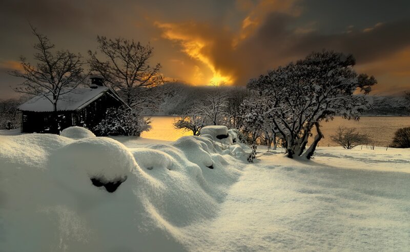 Snow-covered Cabin at Sunset — White, Dramatic