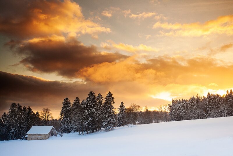 Snow-covered Cabin at Sunset — White, Dramatic, Winter