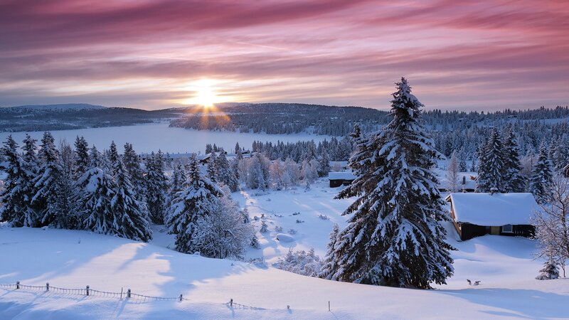 Snow-covered Cabin at Sunset — White, Serene