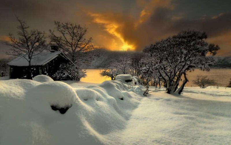 Snow-covered Cabin at Sunset — White