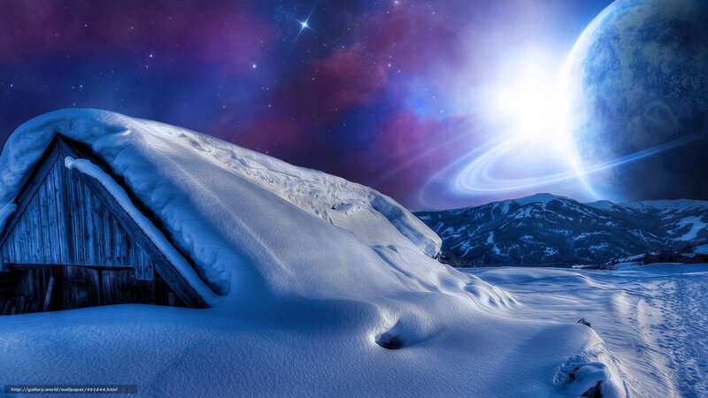 Snow-covered Cabin — Blue, Dramatic, Night, Digital Art, Mountains
