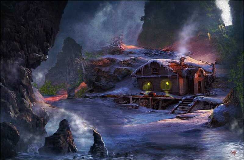 Snow-covered Cabin — Blue, Dramatic, Night, Digital Art