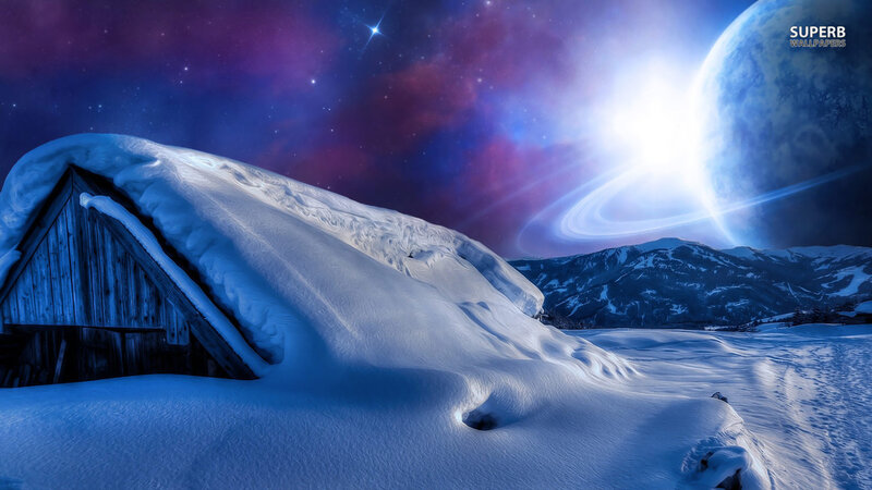 Snow-covered Cabin — Blue, Dramatic, Night
