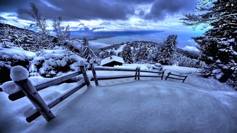 Snow-covered Cabin — Blue, Dramatic