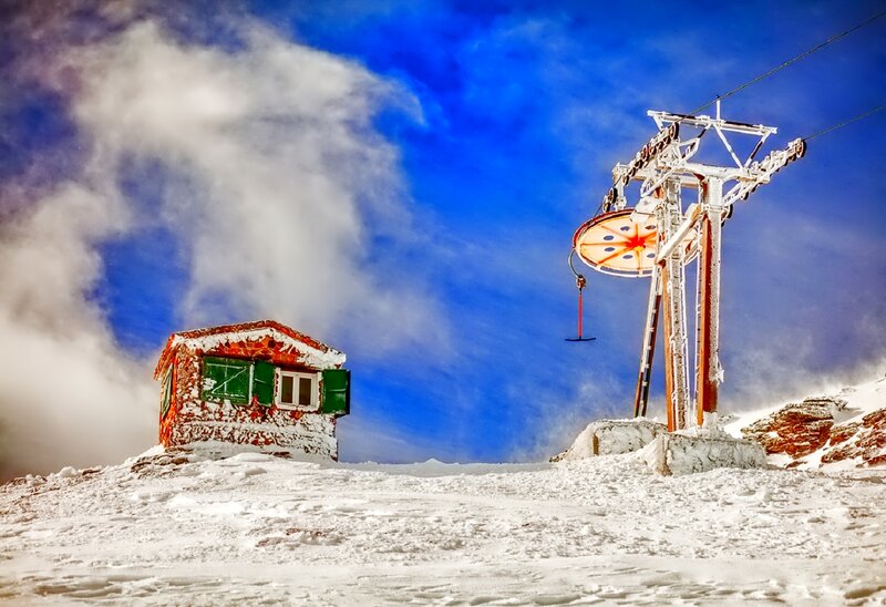 Snow-covered Cabin — Blue, Dramatic, Winter, Photograph, Ski Lift
