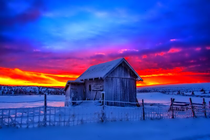 Snow-covered Cabin — Blue, Dramatic, Winter, Photograph