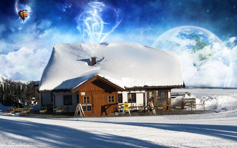 Snow-covered Cabin — Blue, Fantastical, Winter