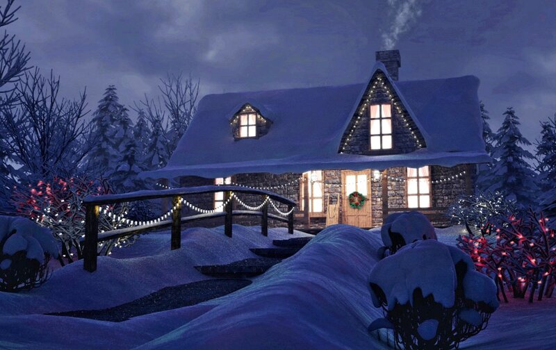 Snow-covered Cabin — Blue, Peaceful, Night, Digital Art, String Lights