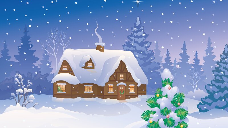 Snow-covered Cabin — Blue, Peaceful, Night, Illustration