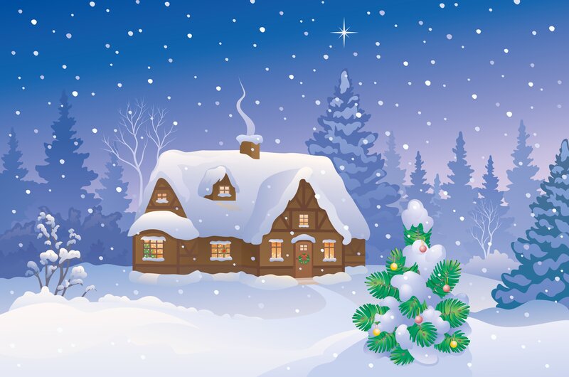 Snow-covered Cabin — Blue, Peaceful, Night