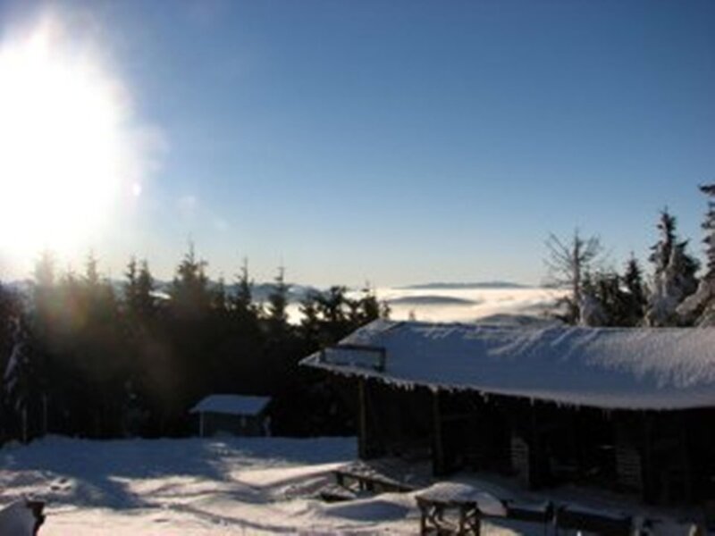 Snow-covered Cabin — Blue, Serene, Morning