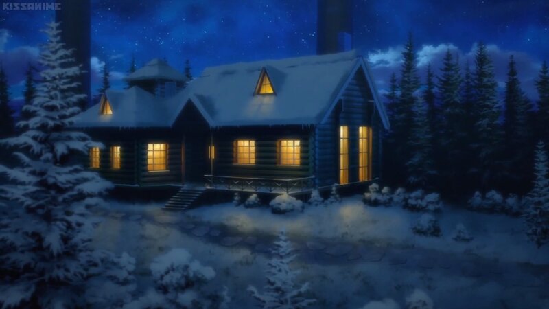 Snow-covered Cabin — Blue, Serene, Night, Anime
