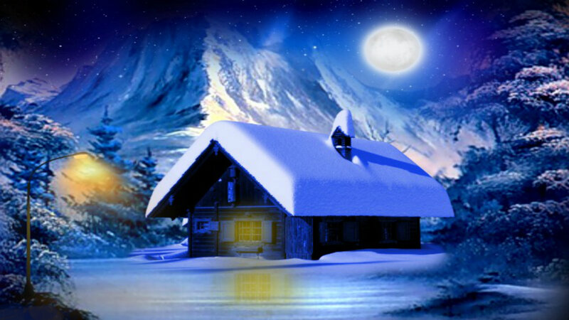 Snow-covered Cabin — Blue, Serene, Night, Digital Art, Mountain