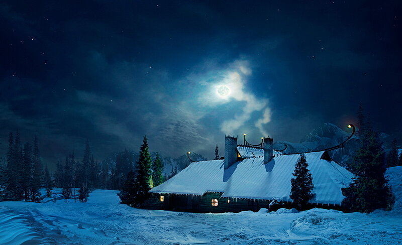 Snow-covered Cabin — Blue, Serene, Night, Digital Art