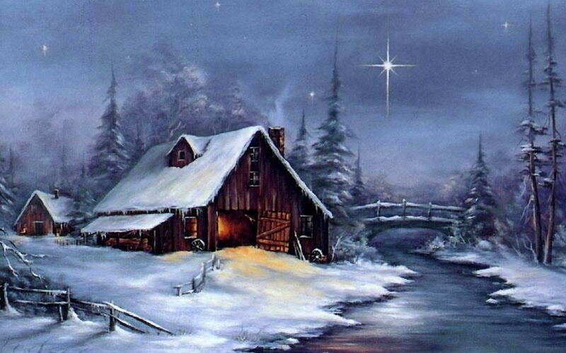 Snow-covered Cabin — Blue, Serene, Night, Painting, River