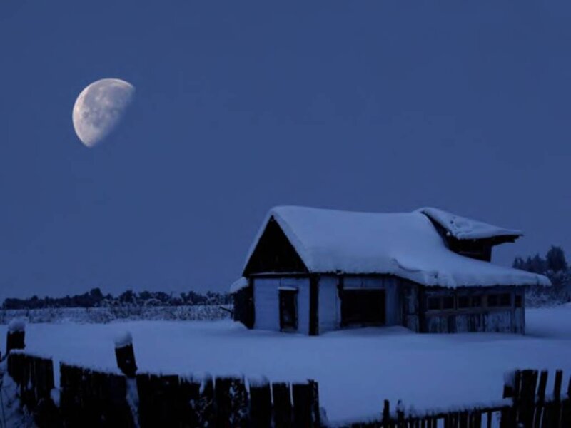 Snow-covered Cabin — Blue, Serene, Night, Photograph, Moon