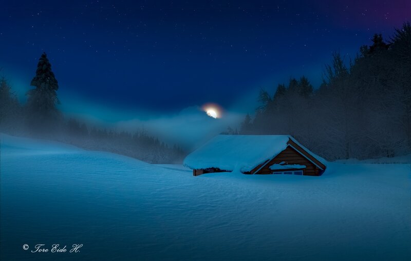 Snow-covered Cabin — Blue, Serene, Night, Photograph, Moon, Trees