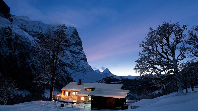 Snow-covered Cabin — Blue, Serene, Night, Photograph, Mountain