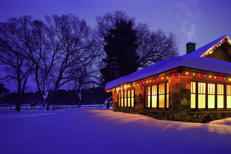 Snow-covered Cabin — Blue, Serene, Night, Photograph