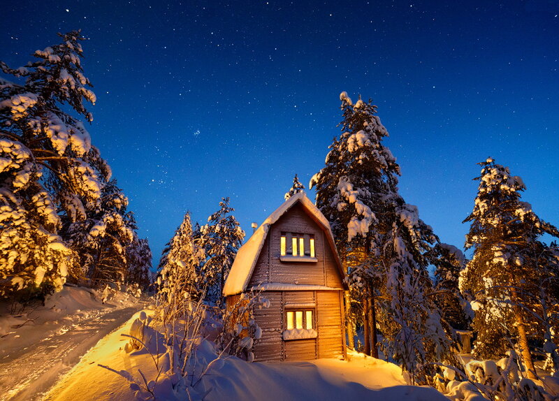 Snow-covered Cabin — Blue, Serene, Night, Photograph, Trees