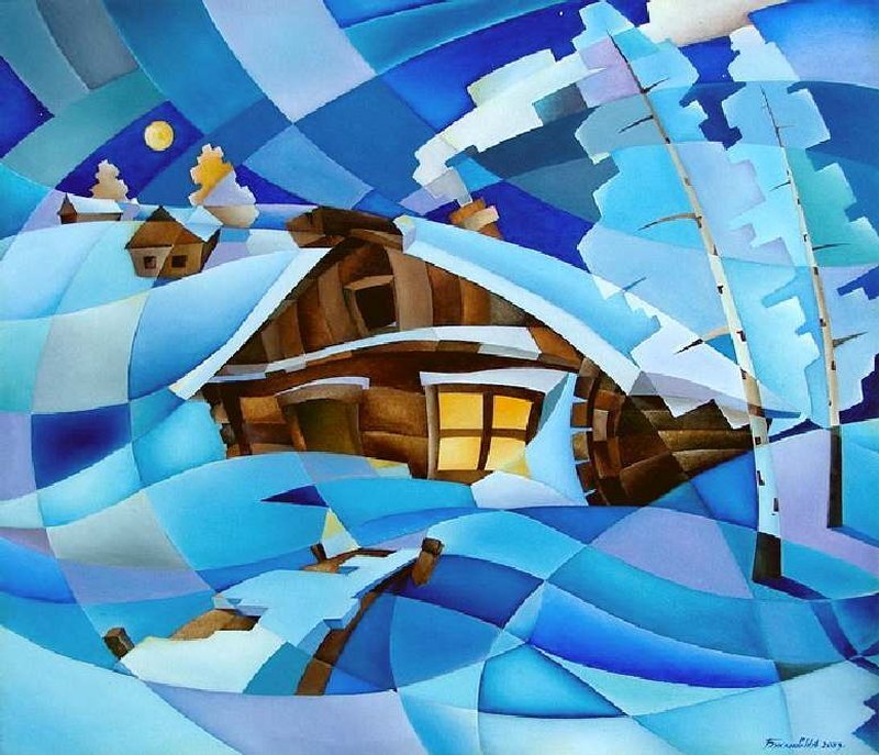 Snow-covered Cabin — Blue, Serene, Night