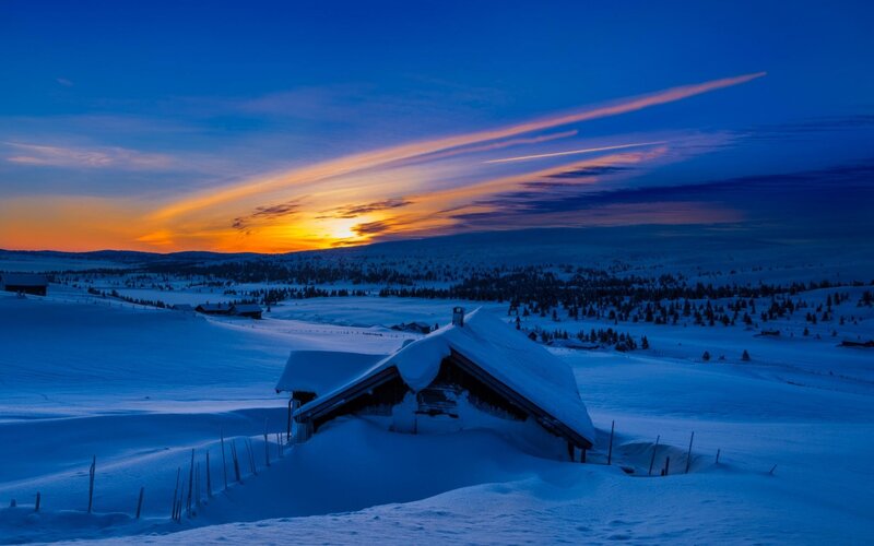 Snow-covered Cabin — Blue, Serene, Sunset, Photograph, Snow