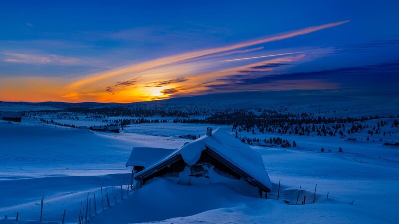 Snow-covered Cabin — Blue, Serene, Sunset, Photograph
