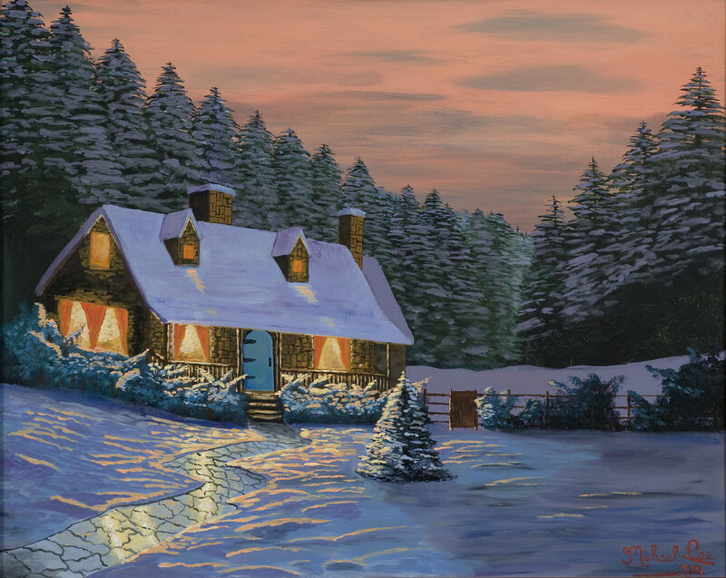 Snow-covered Cabin — Blue, Serene, Sunset