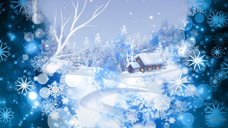 Snow-covered Cabin — Blue, Serene, Winter, Digital Art, Snowflakes