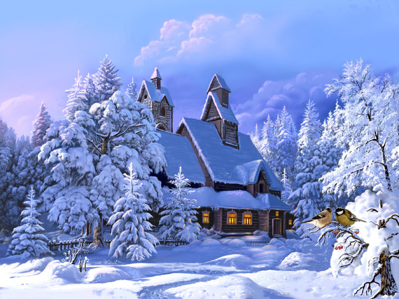 Snow-covered Cabin — Blue, Serene, Winter, Digital Art