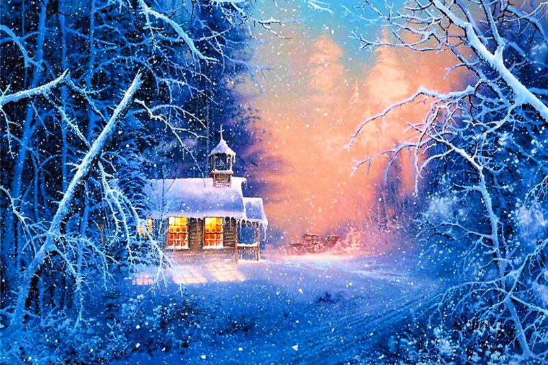 Snow-covered Cabin — Blue, Serene, Winter, Digital Art, Trees