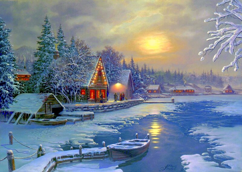 Snow-covered Cabin — Blue, Serene, Winter, Painting