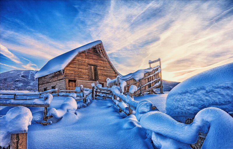 Snow-covered Cabin — Blue, Serene, Winter, Photograph, Fence, Mountains