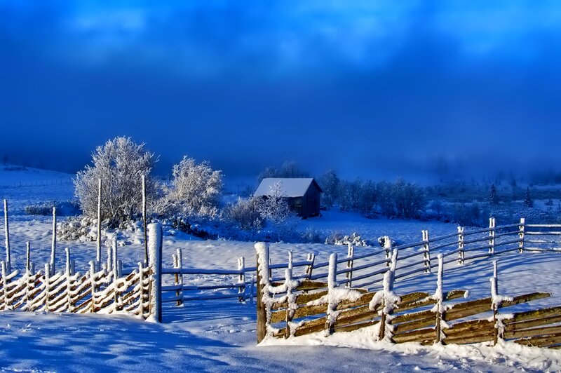 Snow-covered Cabin — Blue, Serene, Winter, Photograph, Fence