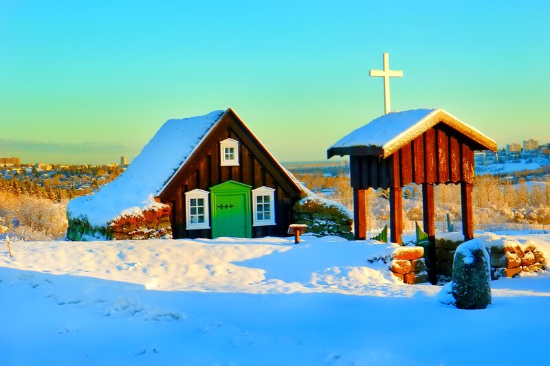 Snow-covered Cabin — Blue, Serene, Winter, Photograph, Green Door