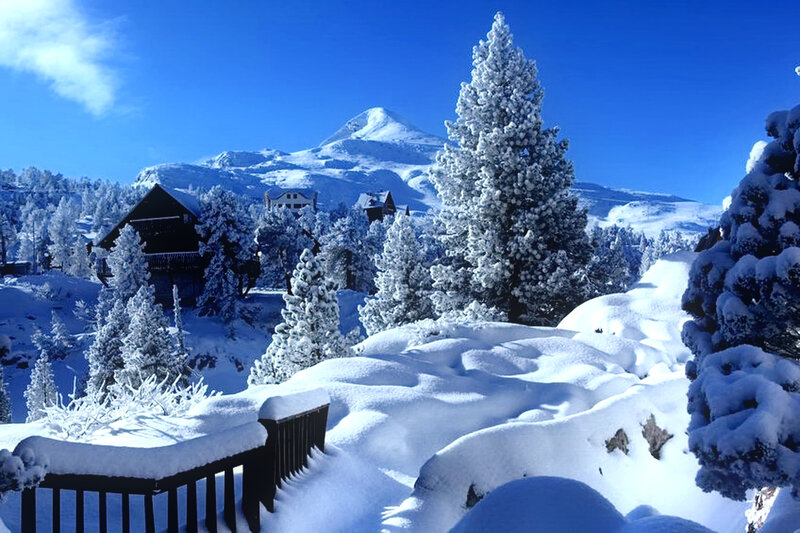 Snow-covered Cabin — Blue, Serene, Winter, Photograph, Mountain, Trees, Fence