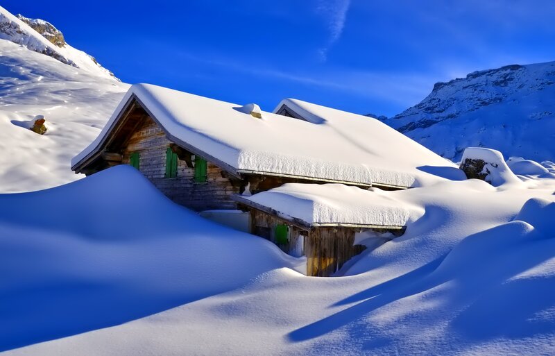 Snow-covered Cabin — Blue, Serene, Winter, Photograph, Mountains
