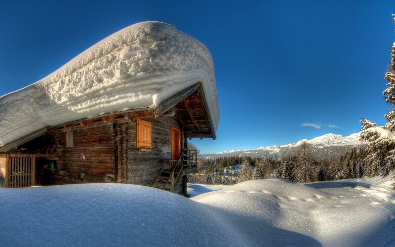 Snow-covered Cabin — Blue, Serene, Winter, Photograph, Mountains, Trees, Snow