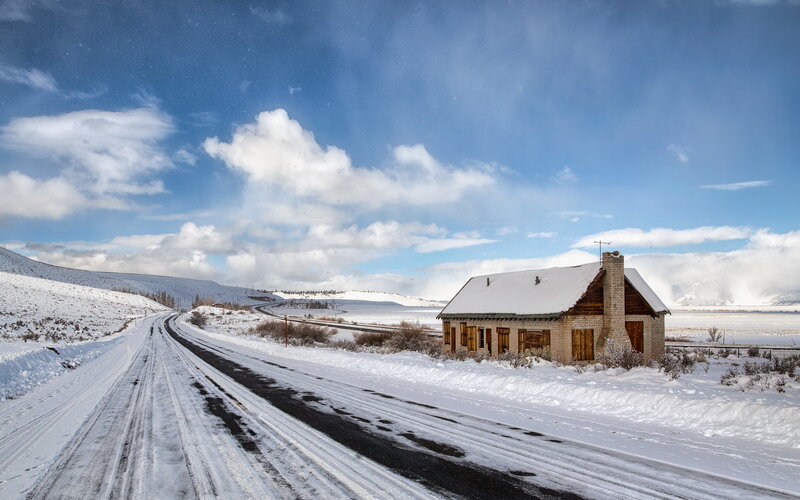 Snow-covered Cabin — Blue, Serene, Winter, Photograph, Road