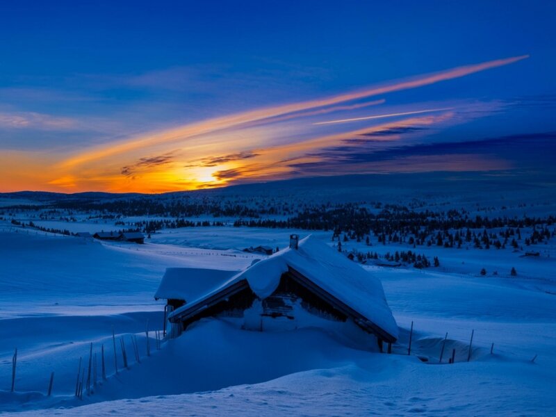 Snow-covered Cabin — Blue, Serene, Winter, Photograph, Snow